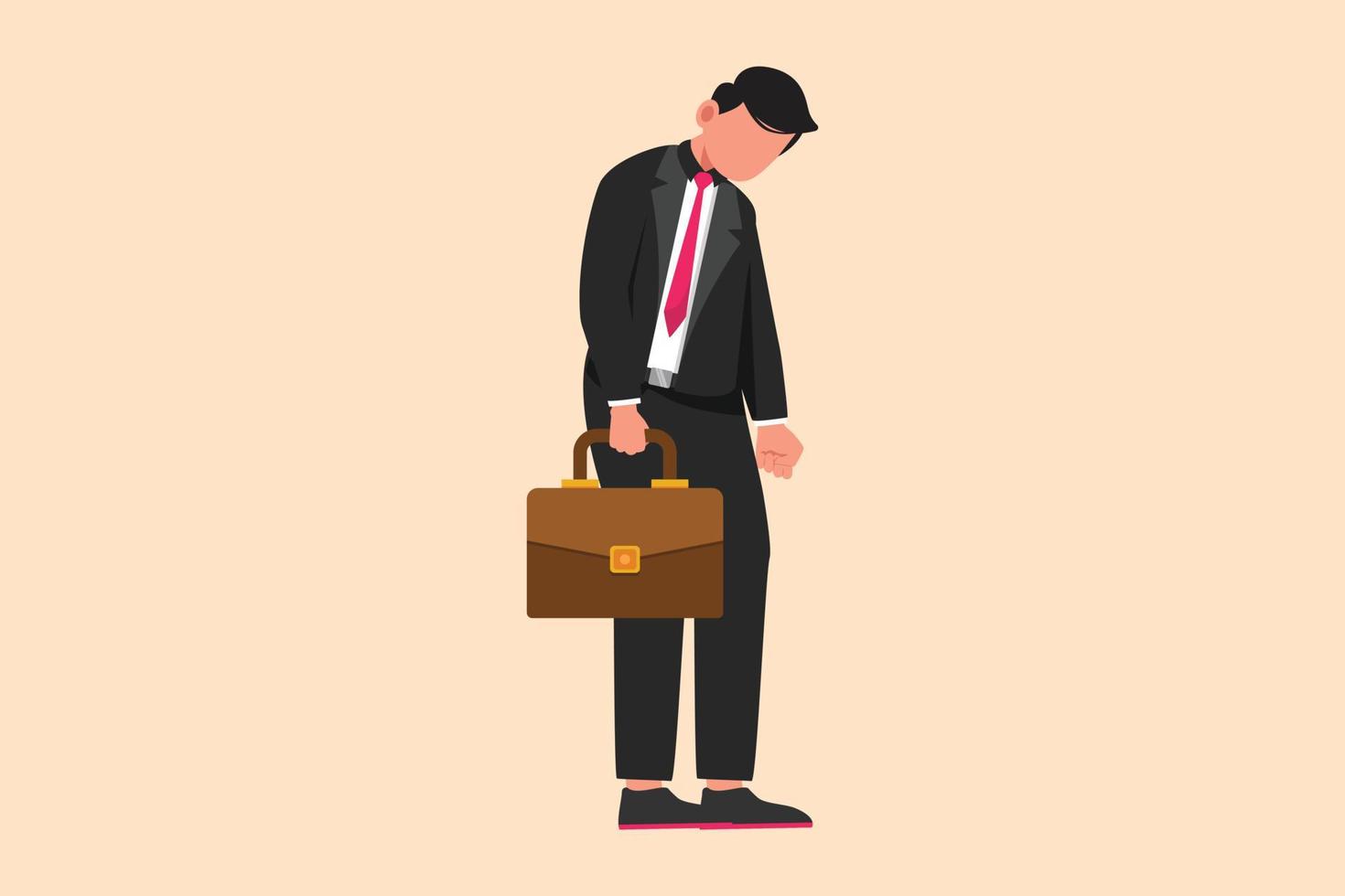 Business flat drawing sad and depressed businessman looking down, holding briefcase. Man having mental pressure or stress. Bankruptcy on global economic recession. Cartoon design vector illustration