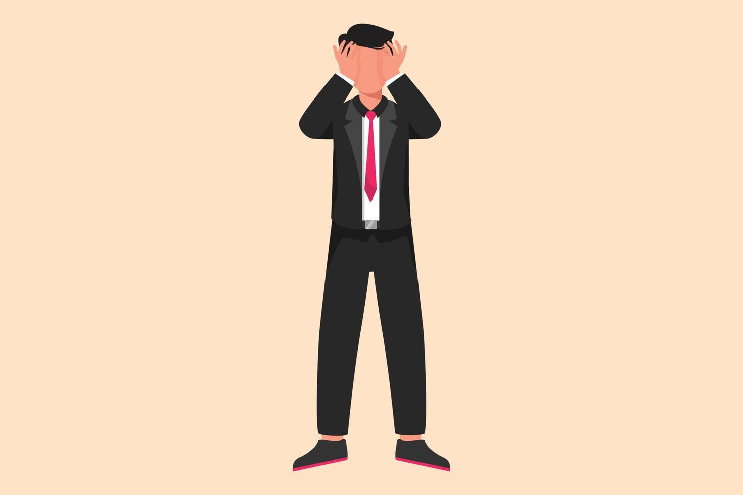 Business flat drawing depressed businessman standing and holding head, feeling headache. Depression disorder, sorrow, disappointment. Stress due to economic crisis. Cartoon design vector illustration