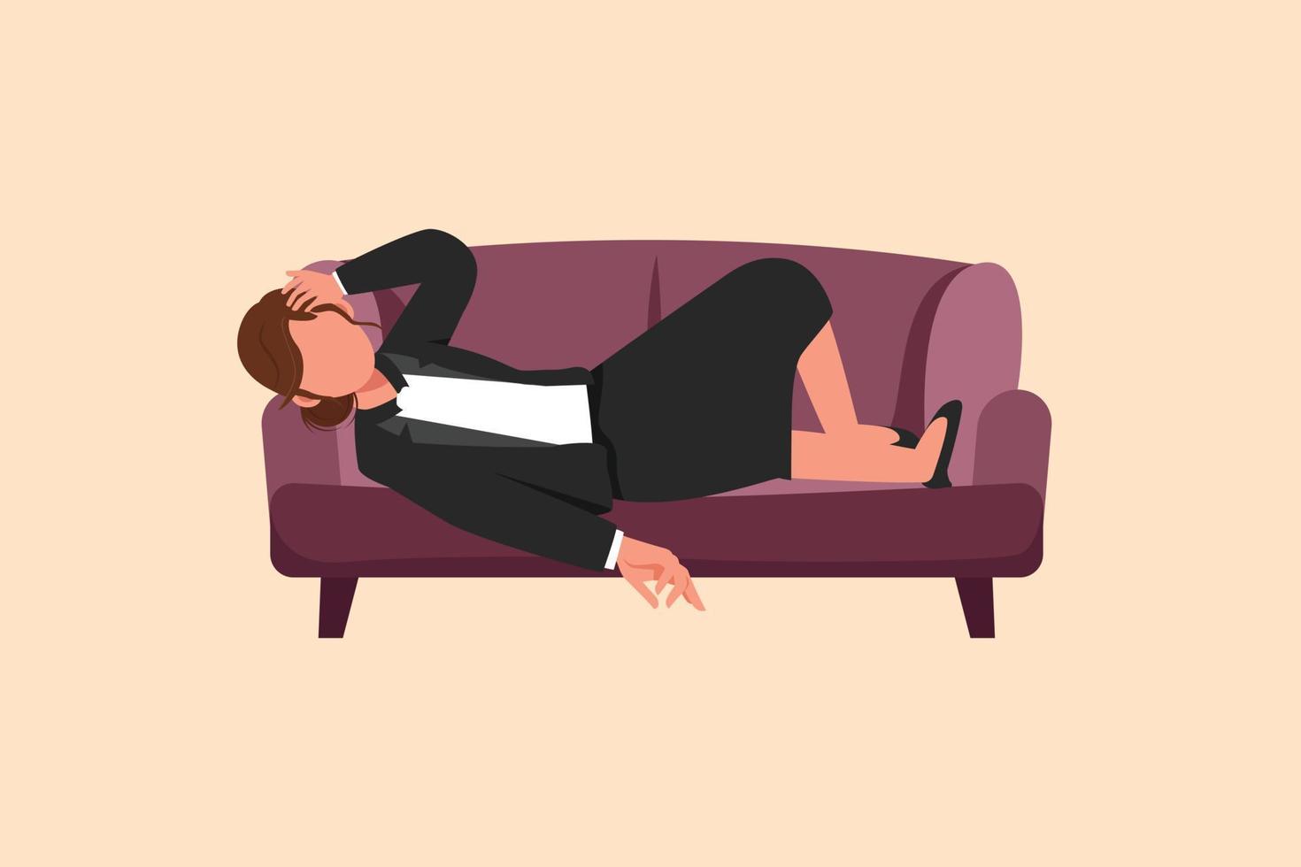 Business flat cartoon style drawing depressed businesswoman tired and resting on sofa. Frustrated worker holding head lying on sofa. Stressed and anxiety on failure. Graphic design vector illustration