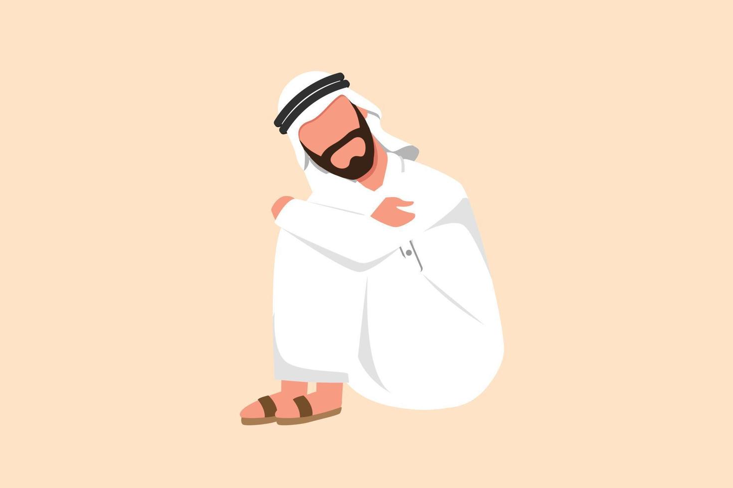 Business flat drawing depressed Arab businessman sitting in despair on the floor, suffer emotion sadness melancholy stress at office. Worker sad gesture expression. Cartoon design vector illustration