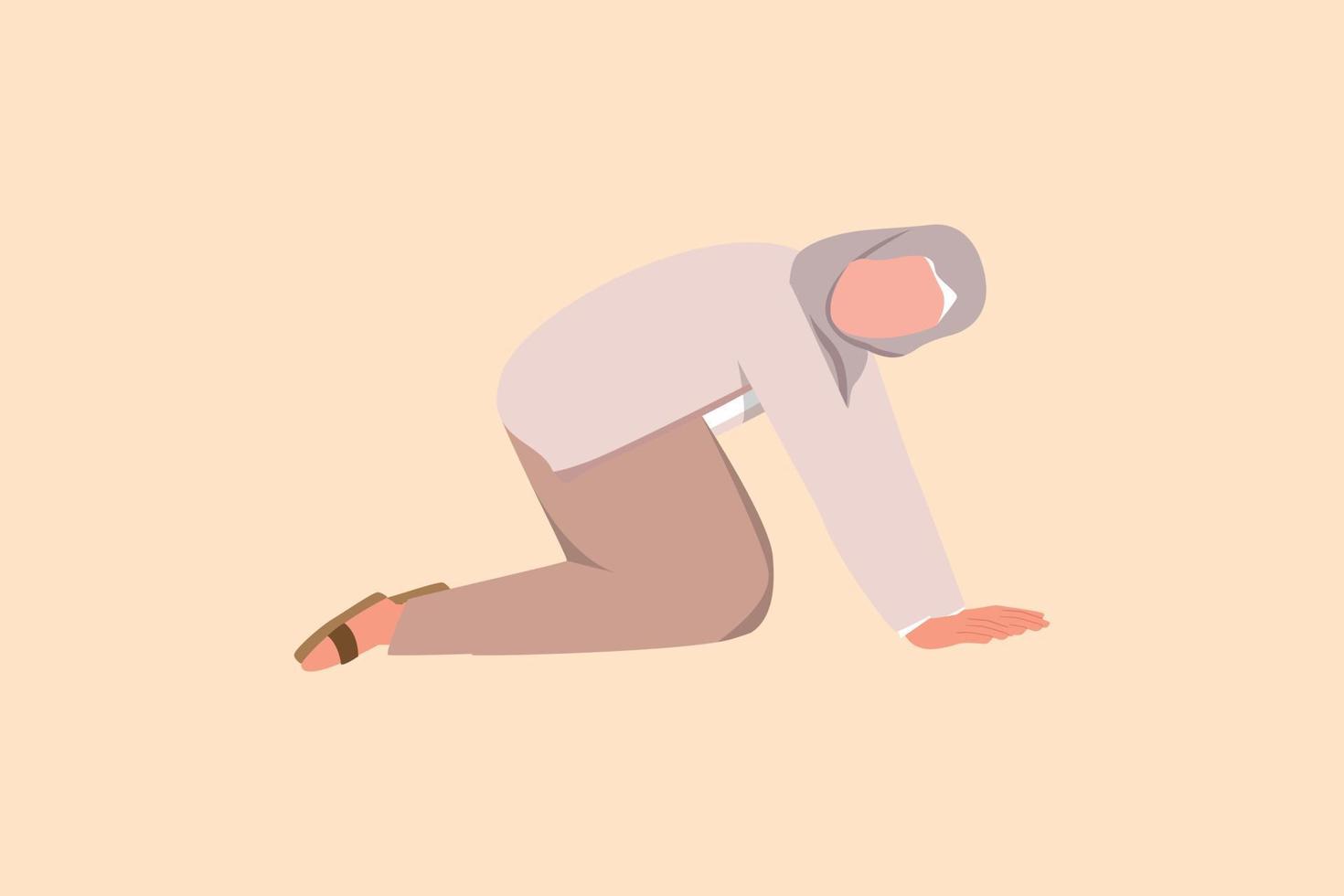 Business flat cartoon style drawing depressed Arab businesswoman crawling in despair on the floor. Frustrated worker losing job due to economic and financial crisis. Graphic design vector illustration