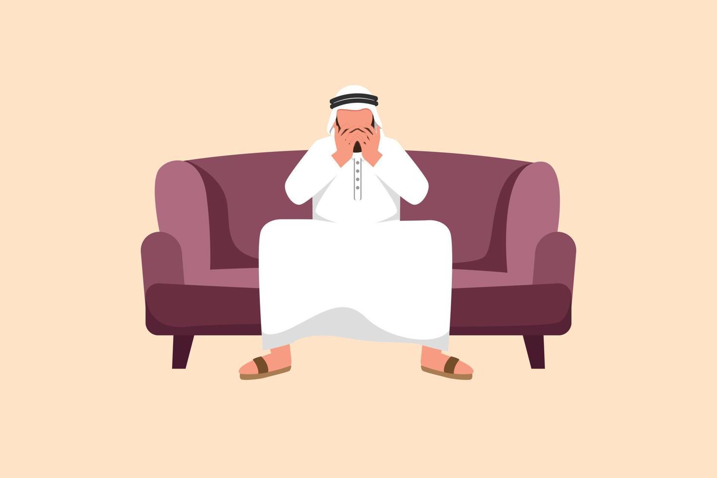 Business flat drawing sad and depressed Arabian businessman sitting on sofa and holding his head. Lonely man sitting on couch. Failure and losing job concept. Cartoon style design vector illustration