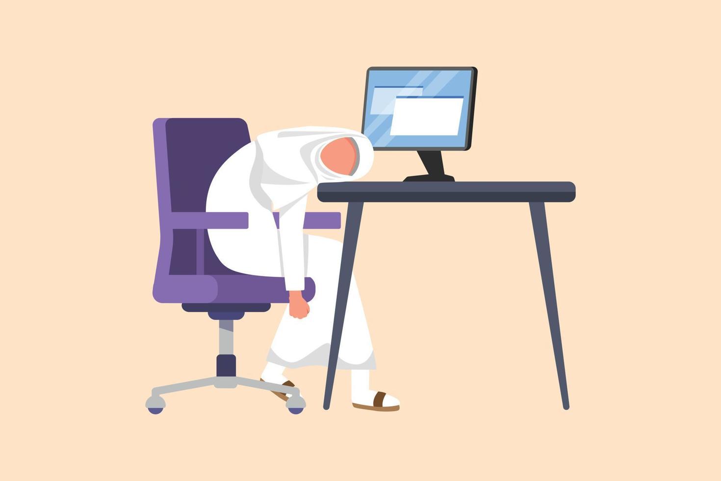 Business flat cartoon style drawing depressed Arab businesswoman sitting with head on computer desk. Exhausted female manager in office. Frustrated stressed worker. Graphic design vector illustration