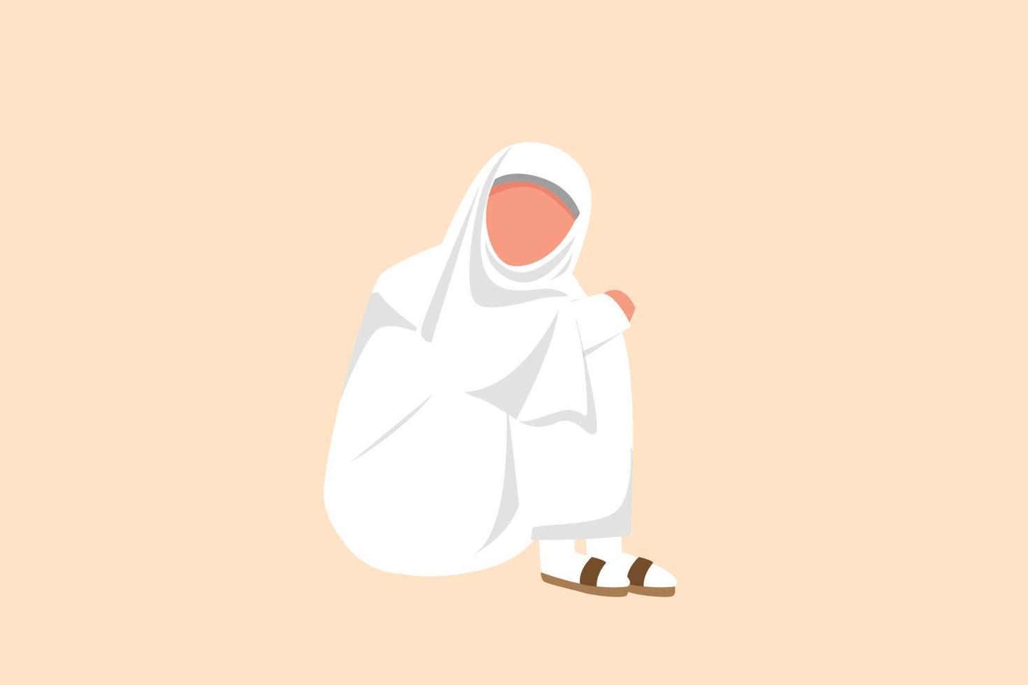 Business flat drawing depressed Arabian businesswoman sitting in despair on floor, suffer emotion sadness melancholy stress at office. Worker sad gesture expression. Cartoon design vector illustration