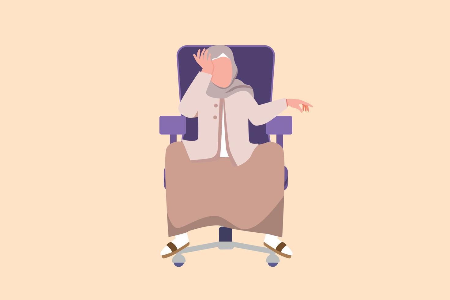 Business flat drawing depressed Arabian businesswoman sit at office chair, feeling stressed, alone. Anxious worker crying, feel frustrated, depressed, suffer. Cartoon style design vector illustration