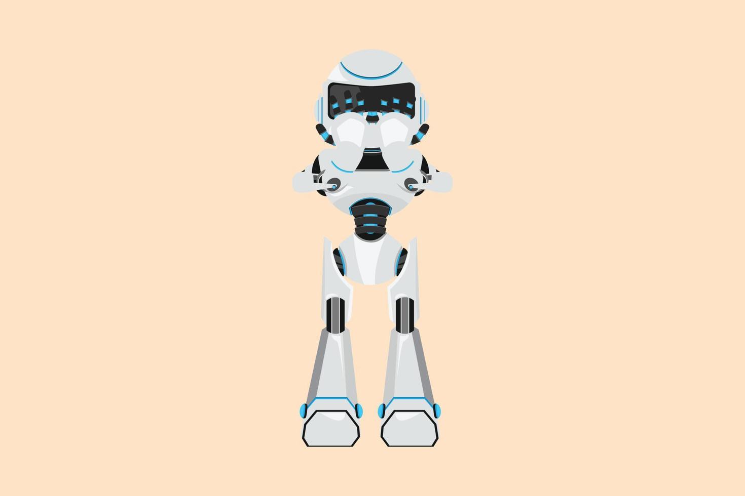 Business flat cartoon style drawing depressed robot standing and cover his face by hands and crying. Depression, sad, sorrow. Modern robotic artificial intelligence. Graphic design vector illustration