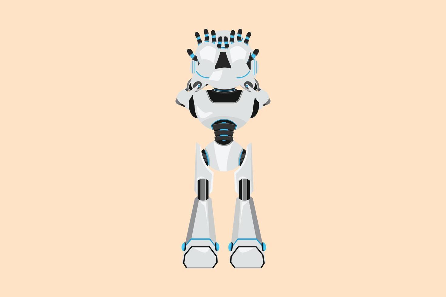 Business design drawing depressed robot standing and holding head, feeling headache. Future technology development. Artificial intelligence and machine learning. Flat cartoon style vector illustration