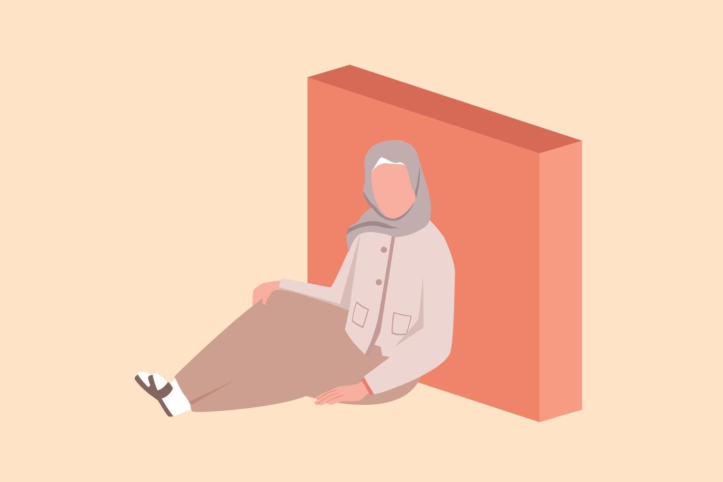 Business design drawing depressed Arab businesswoman sitting in despair on floor and leaning against wall. Entrepreneur sad expression. Worker burnout syndrome. Flat cartoon style vector illustration