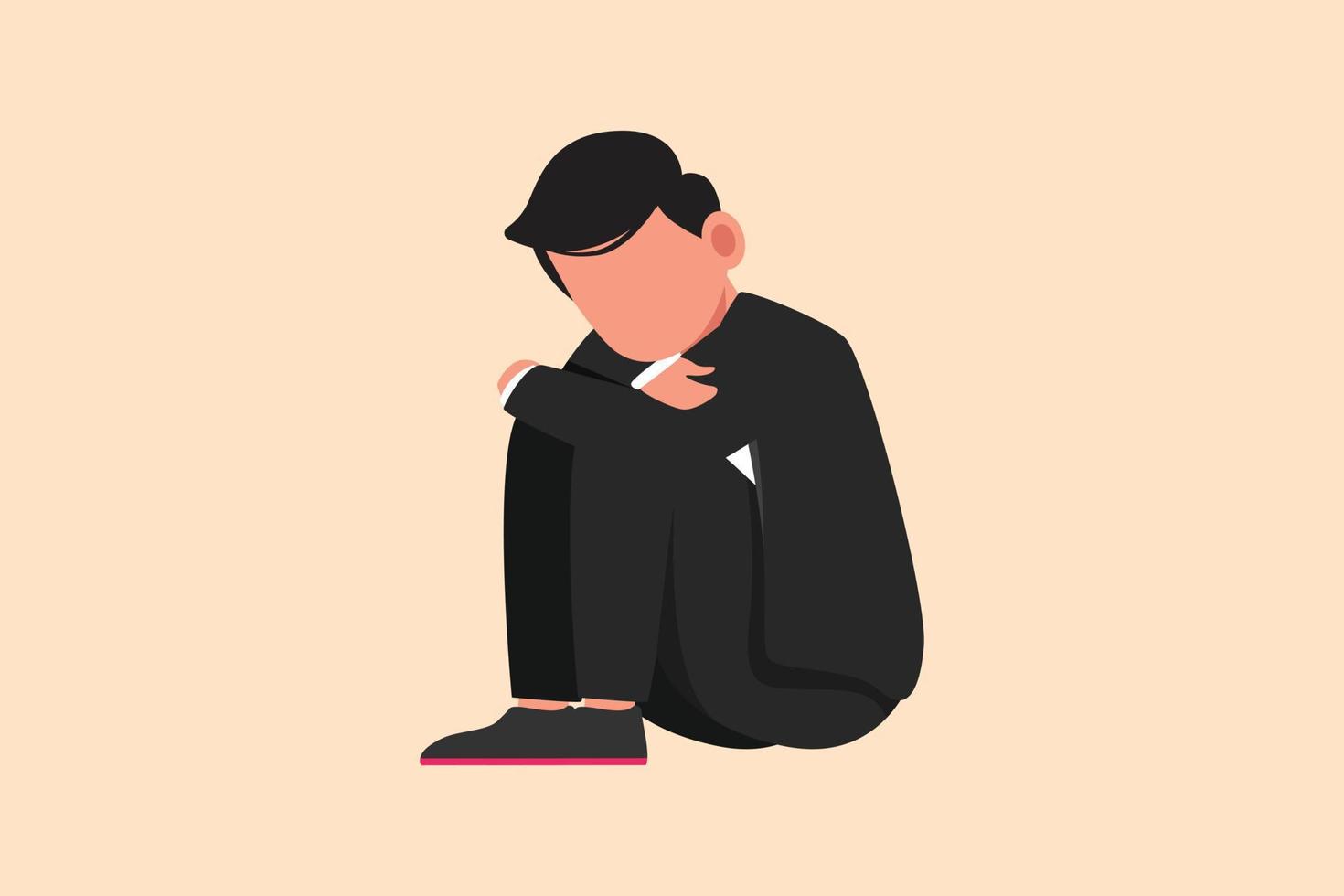 Business design drawing depressed businessman sitting in despair on the floor, suffer emotion sadness melancholy stress at office. Worker sad gesture expression. Flat cartoon style vector illustration