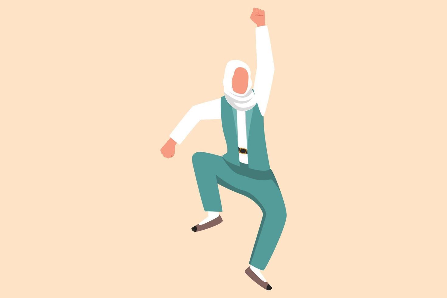 Business flat cartoon drawing happy Arab businesswoman jump with folds one leg and raises one hand. Manager celebrating success of increasing company product sales. Graphic design vector illustration