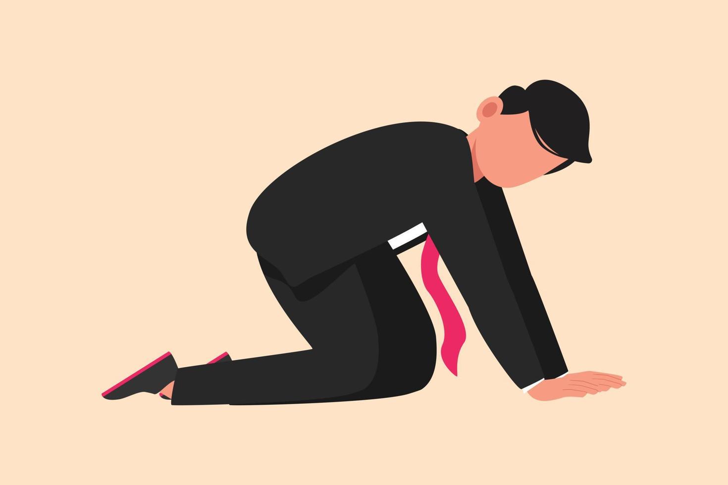 Business flat drawing depressed businessman crawling in despair on the floor. Frustrated or stressed office worker losing job due to economic and financial crisis. Cartoon design vector illustration