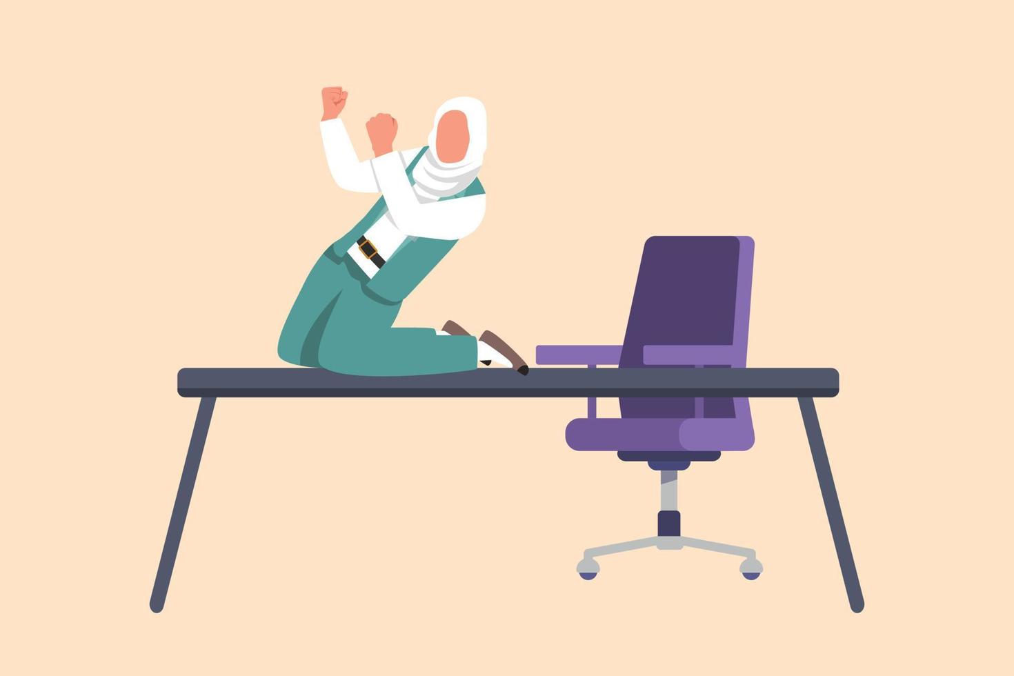 Business flat drawing happy Arabian businesswoman kneeling with celebrating goal pose on table desk. Office worker celebrating success of company financial project. Cartoon design vector illustration