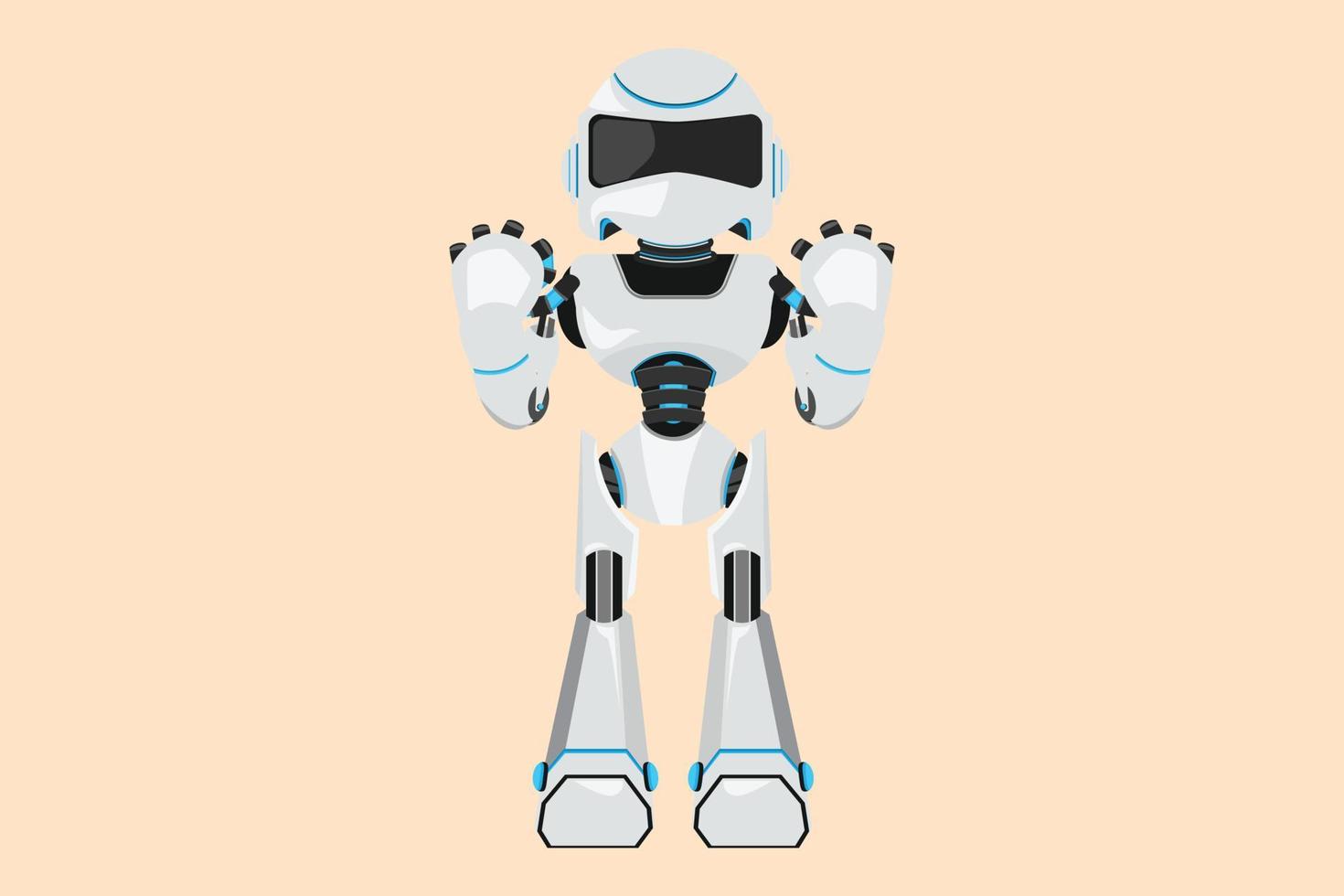 Business design drawing happy robot standing with both hands yes gesture. Future technology development. Artificial intelligence and machine learning processes. Flat cartoon style vector illustration