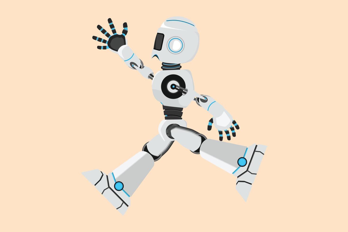 dibujo plano de negocios robot feliz saltando con se extiende ambas piernas y levanta una mano. organismo cibernético humanoide. futuro desarrollo robótico. celebrar el logro. ilustración vectorial de diseño de dibujos animados vector