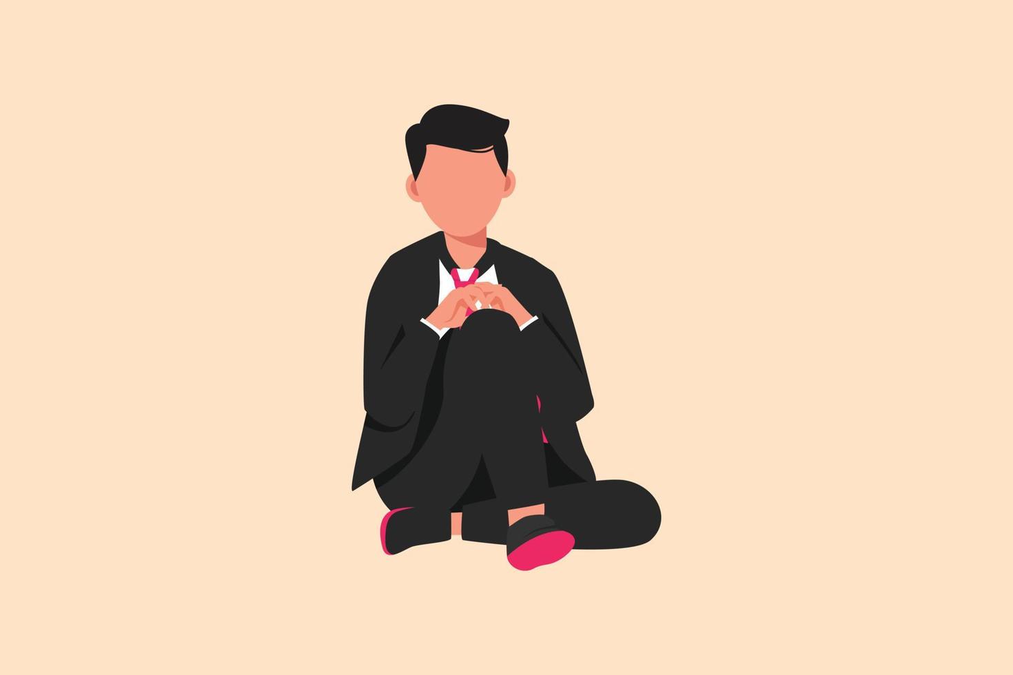 Business flat drawing sad businessman sitting alone on the floor. Depressed male manager losing his job. Economic crisis. Disorder, sorrow, disappointment concept. Cartoon design vector illustration
