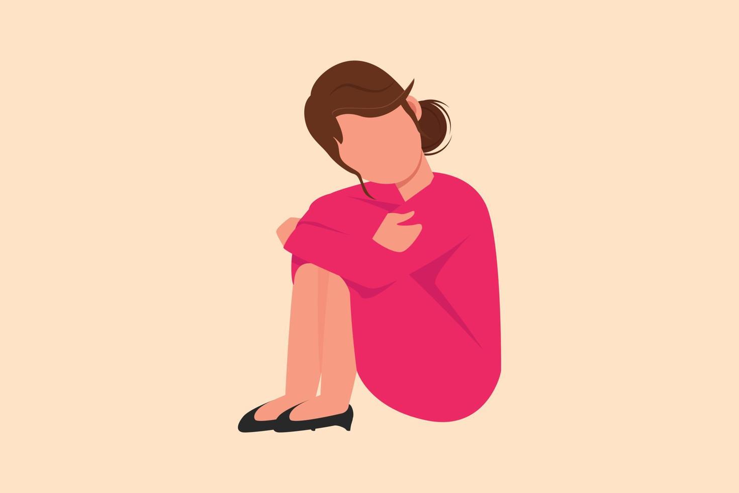 Business design drawing depressed businesswoman sitting in despair on floor, suffer emotion sadness melancholy stress at office. Worker sad gesture expression. Flat cartoon style vector illustration