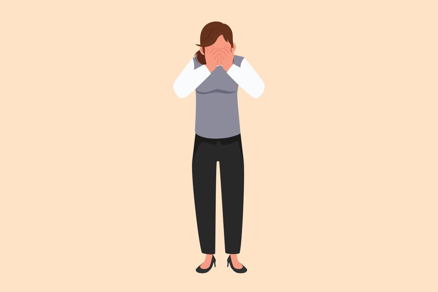 Business flat drawing depressed businesswoman cover her face by hands and crying. Depression disorder, sad, sorrow, disappointment. Psychological therapy treatment. Cartoon design vector illustration