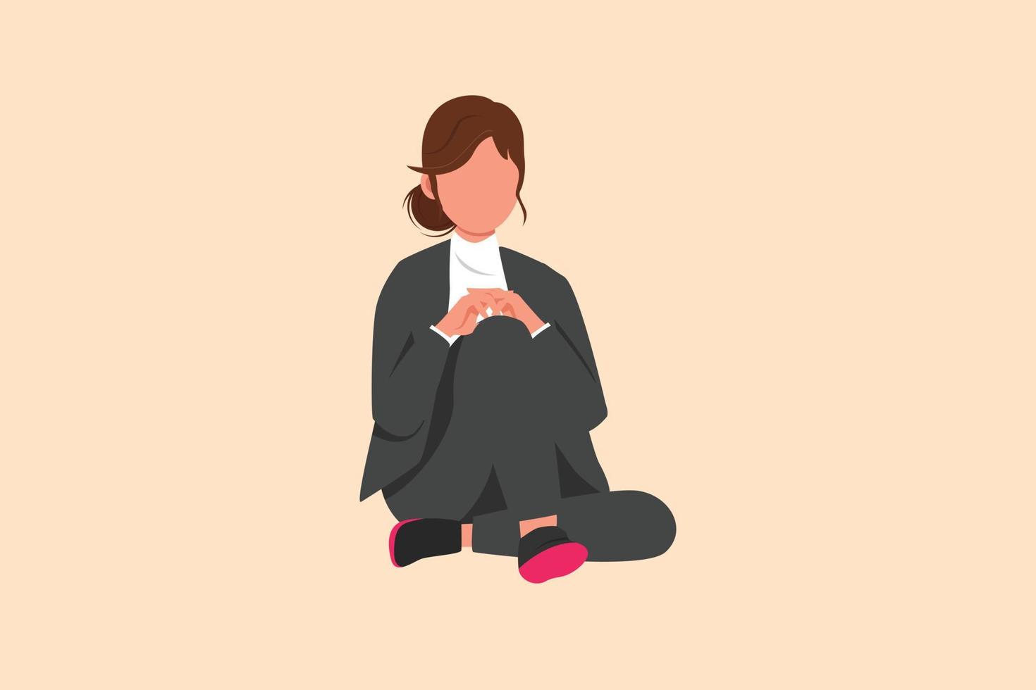 Business flat drawing sad businesswoman sitting alone on the floor. Depressed female manager losing her job. Economic crisis. Disorder, sorrow, disappointment. Cartoon style design vector illustration