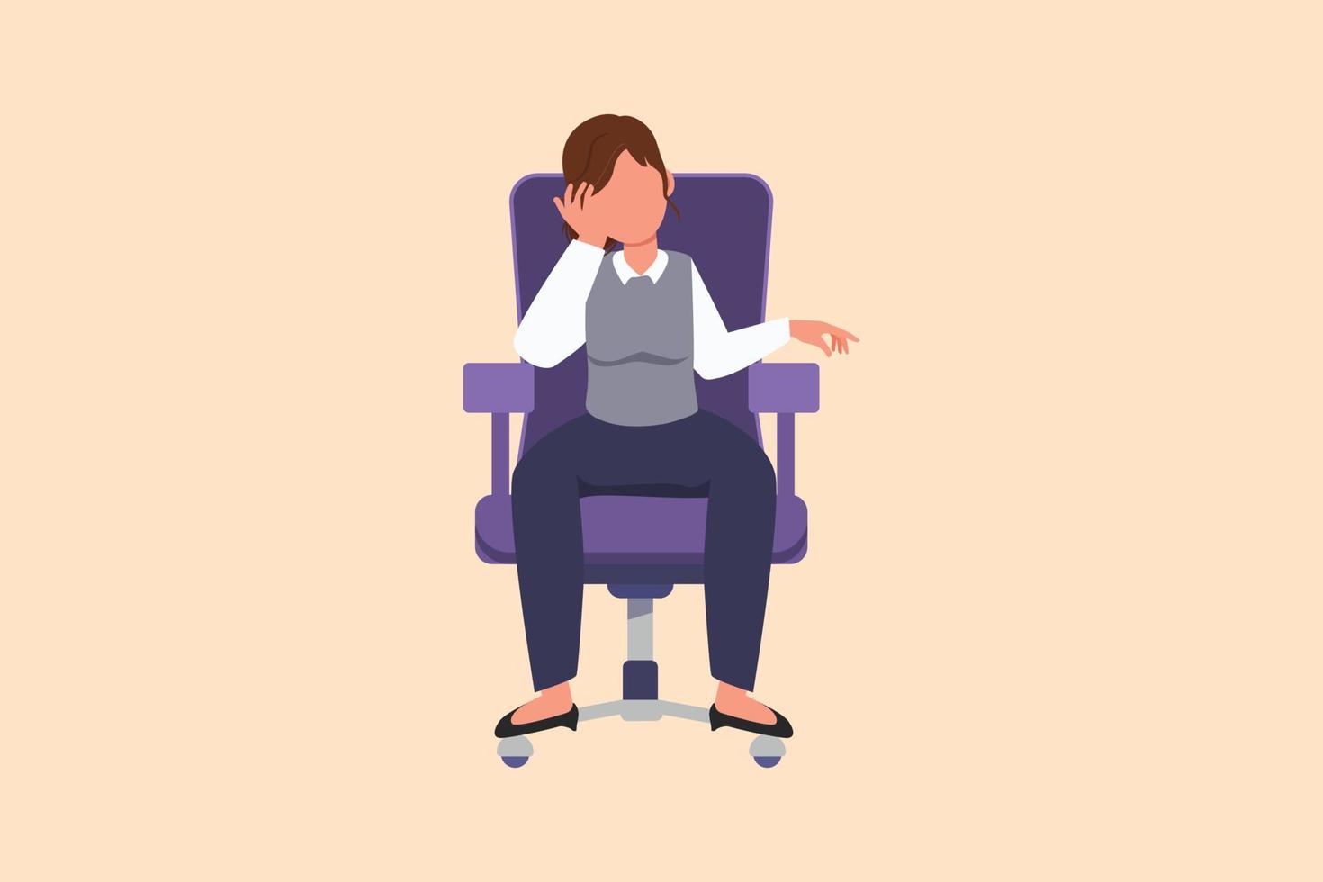 Business flat cartoon style drawing depressed businesswoman sit at office chair, feeling stressed, alone. Anxious worker crying, feel frustrated, depressed, suffer. Graphic design vector illustration