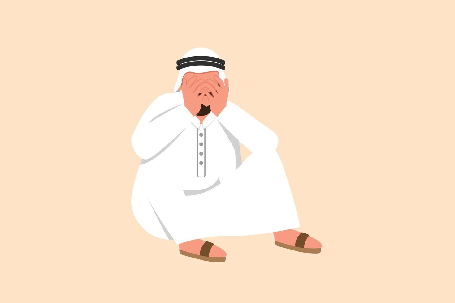 Business flat drawing sad depressed Arabian businessman cover his face by hands and sitting on the floor. Depression disorder, sorrow, disappointment symptom. Cartoon style design vector illustration
