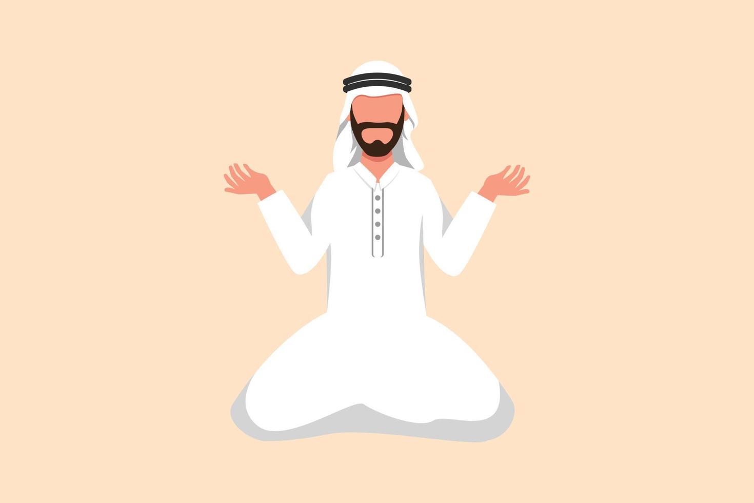 Business flat cartoon style drawing depressed Arabian businessman kneeling and pray. Losing money, economy crisis, bankrupt, sadness. Manager standing on his knees. Graphic design vector illustration