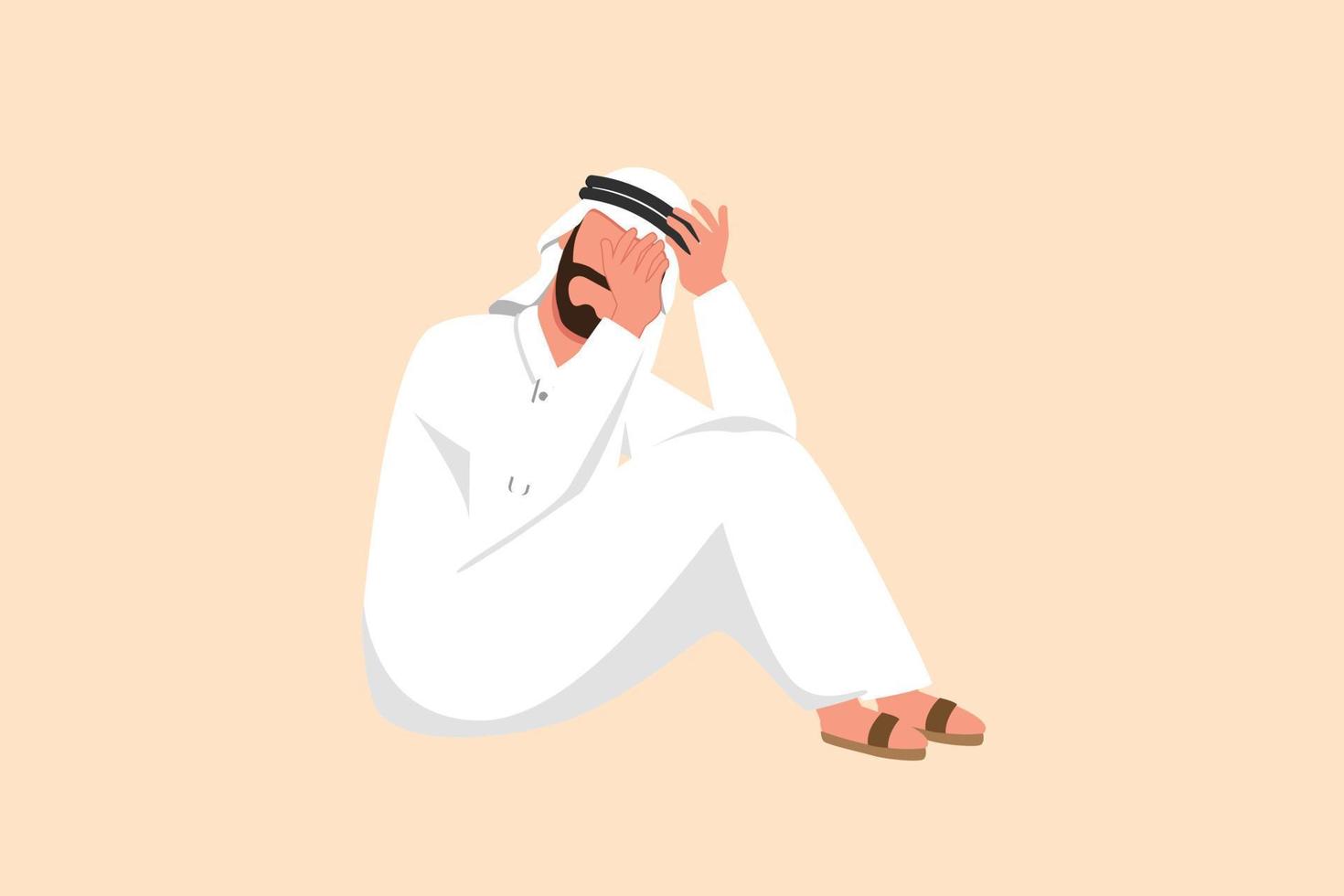 Business flat cartoon style drawing depressed Arab businessman feeling sad sitting on the floor. Stressed office worker losing job. Financial economic global crisis. Graphic design vector illustration