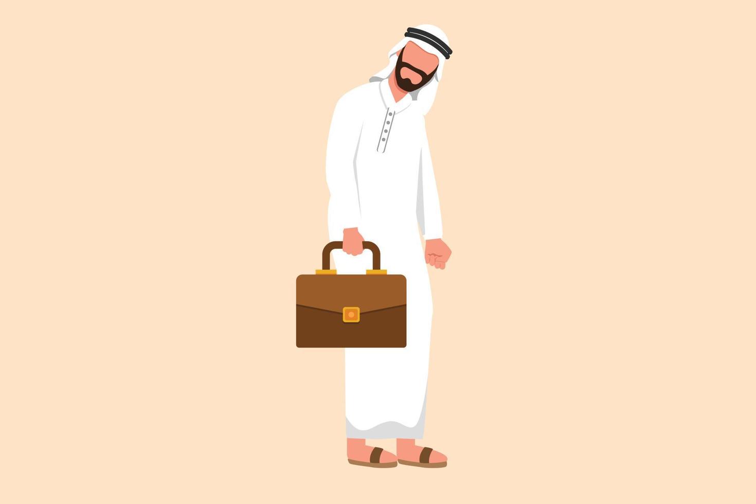 Business flat cartoon style drawing depressed Arab businessman looking down, holding briefcase. Man with mental pressure or stress. Bankruptcy on economic recession. Graphic design vector illustration