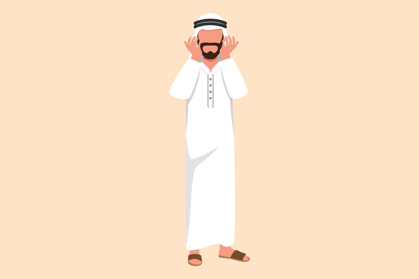 Business design drawing depressed Arab businessman standing and holding head, feeling headache. Disorder, sorrow, disappointment. Stress due to economic crisis. Flat cartoon style vector illustration