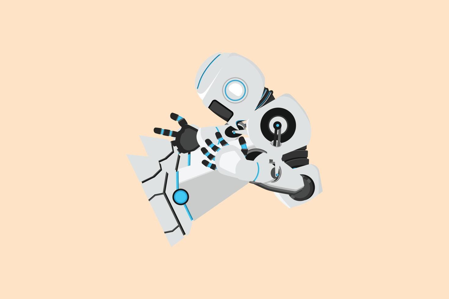 Business flat drawing depressed robot sitting in despair on the floor, suffer emotion sadness melancholy stress at office. Modern humanoid robot cybernetic organism. Cartoon design vector illustration