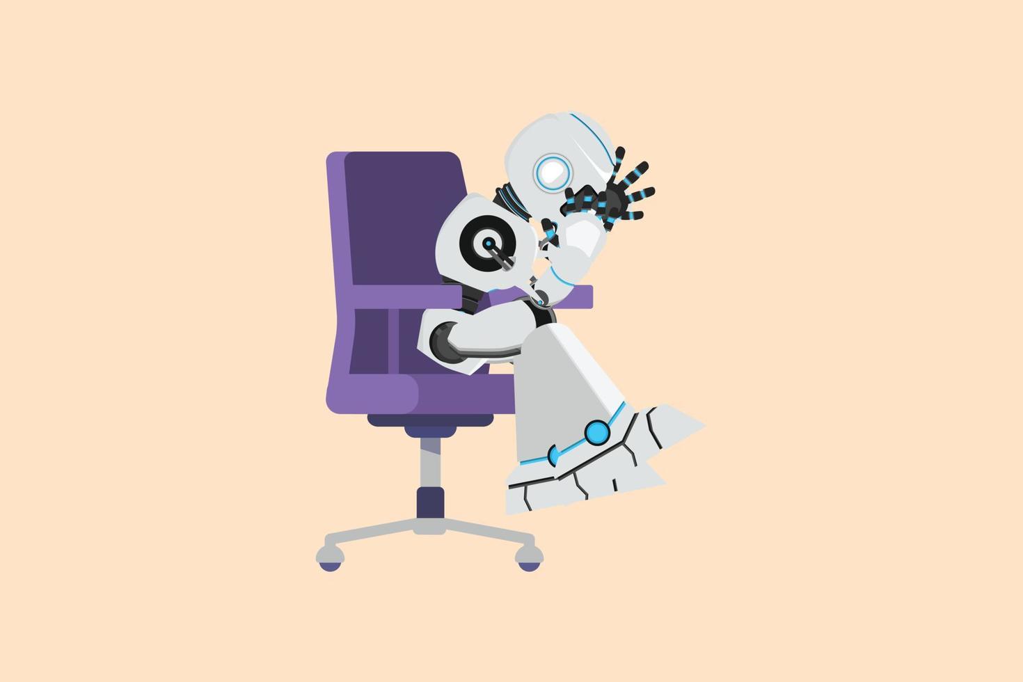 Business flat drawing depressed robot holding his head sitting alone on the chair. Regret on business mistake. Humanoid robot cybernetic. Future robotic development. Cartoon design vector illustration