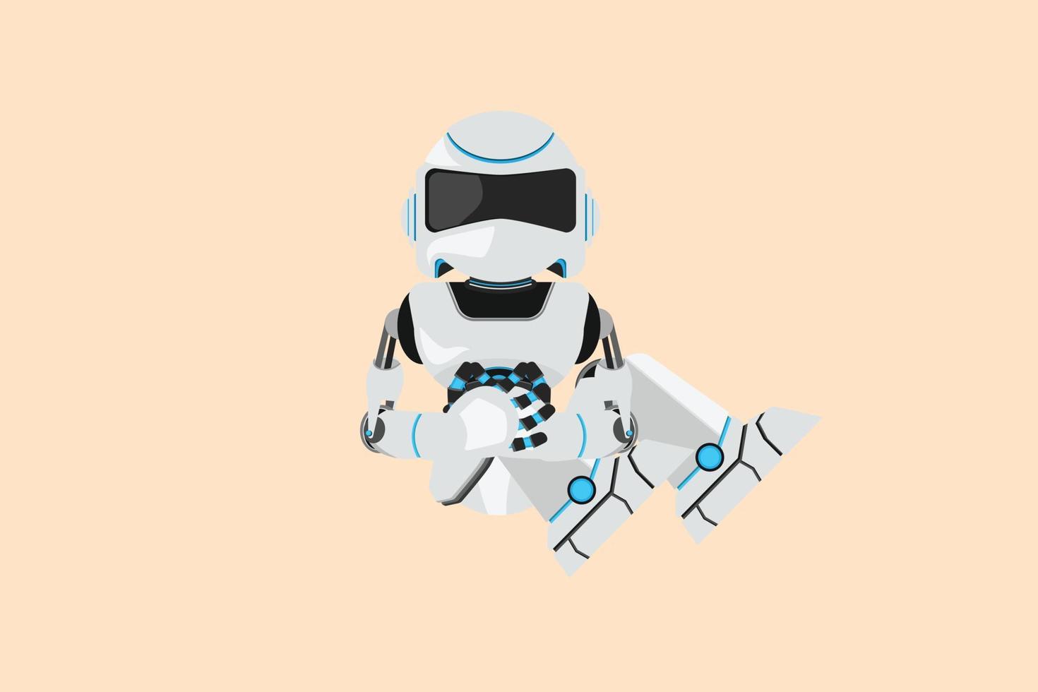 Business design drawing depressed robot sadness sitting in despair on floor. Cyborg stressed losing job. Future technology development. Artificial intelligence. Flat cartoon style vector illustration