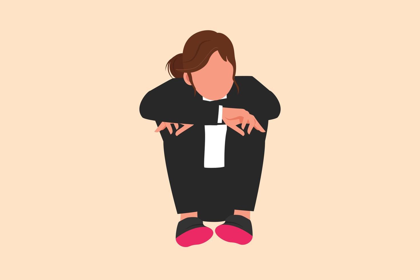 Business flat cartoon style drawing depressed businesswoman sadness melancholy stress sitting in despair on floor. Worker stressed losing job due to economic crisis. Graphic design vector illustration