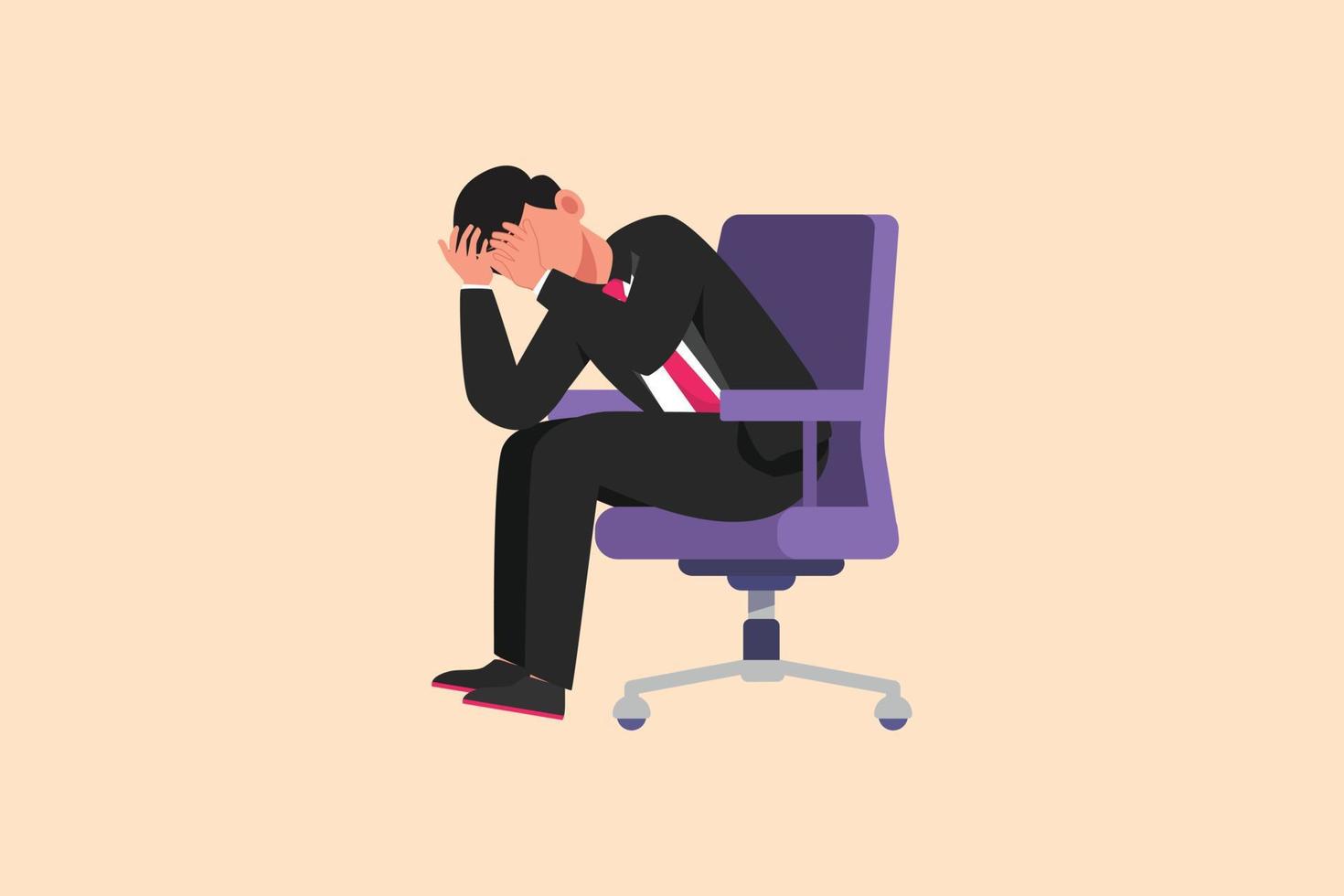 Business flat cartoon style drawing frustrated businessman holding his head sitting alone on the chair. Regret on business mistake, depressed, stupidity, foolish. Graphic design vector illustration