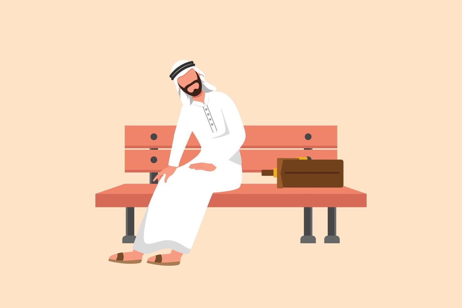 Business flat drawing sad depressed Arabian businessman sitting at bench park alone. Man suffering from depression, experiences dismissal, difficult life situation. Cartoon design vector illustration