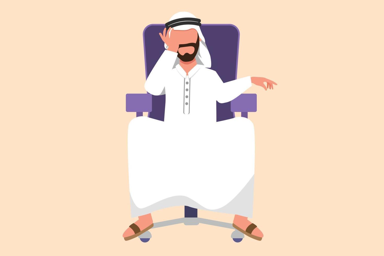 Business flat cartoon style drawing depressed Arab businessman sitting at chair, feeling stressed, alone. Anxious worker crying, feel frustrated, depressed, suffer. Graphic design vector illustration