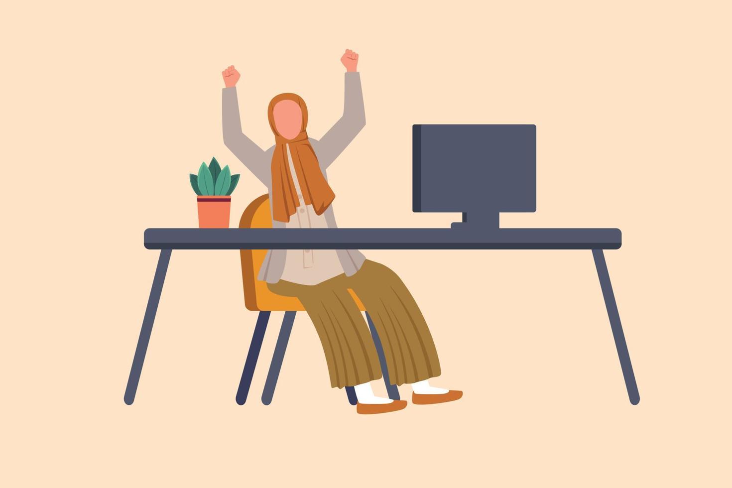 Business design drawing happy Arabian businesswoman sitting with raised hands near table and computer. Worker celebrates salary increase. Business achievement. Flat cartoon style vector illustration