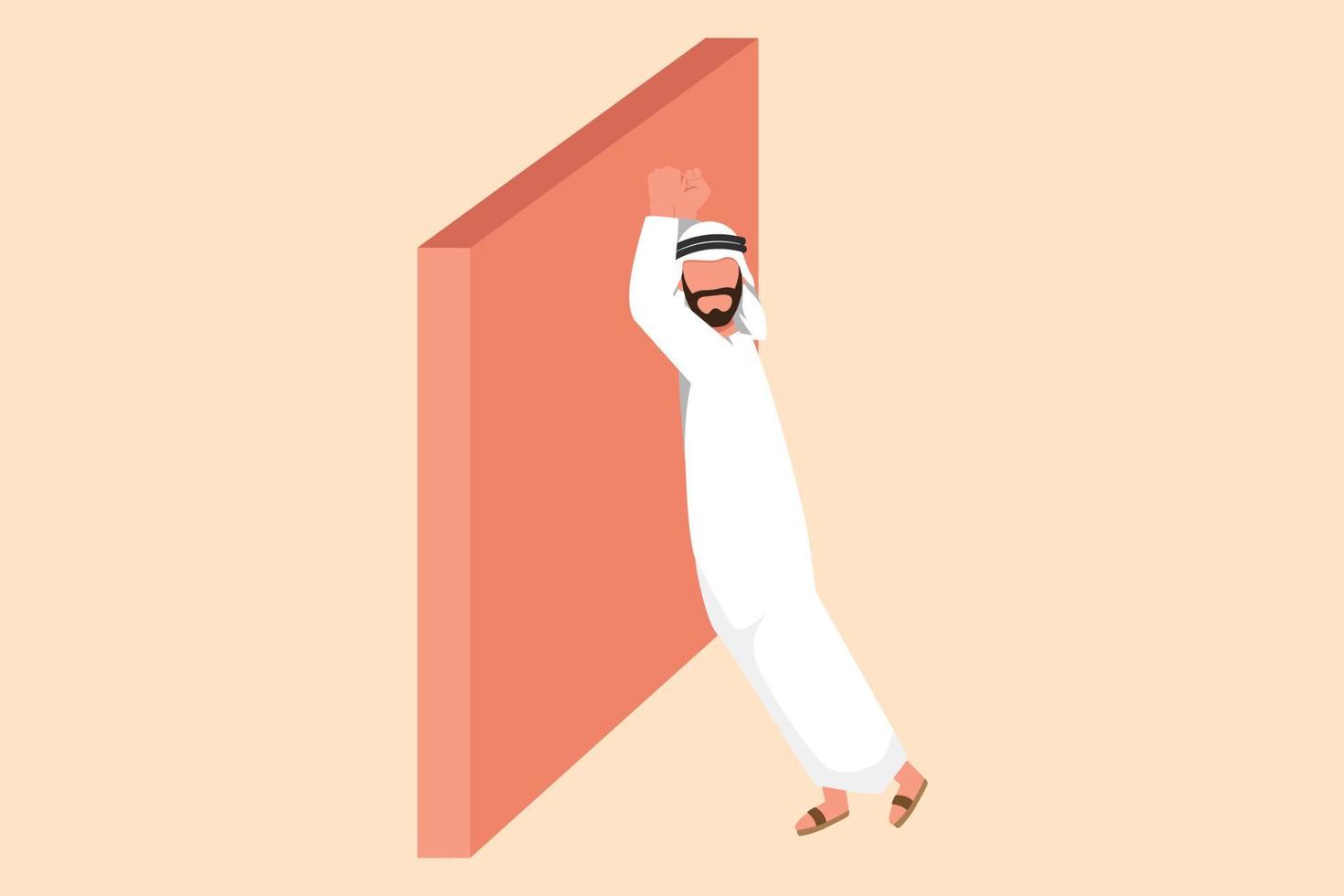 Business design drawing depressed Arabian businessman wailing on the wall losing job. Office worker crying sad lost his opportunity. Depressive disorder, sorrow. Flat cartoon style vector illustration