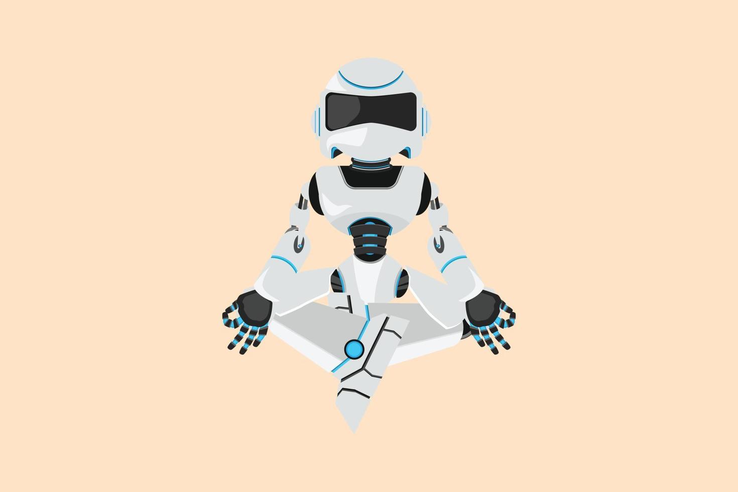 Business flat cartoon style drawing relaxed happy robot sitting with yoga pose, meditation. Modern robotic artificial intelligence. Electronic technology industry. Graphic design vector illustration