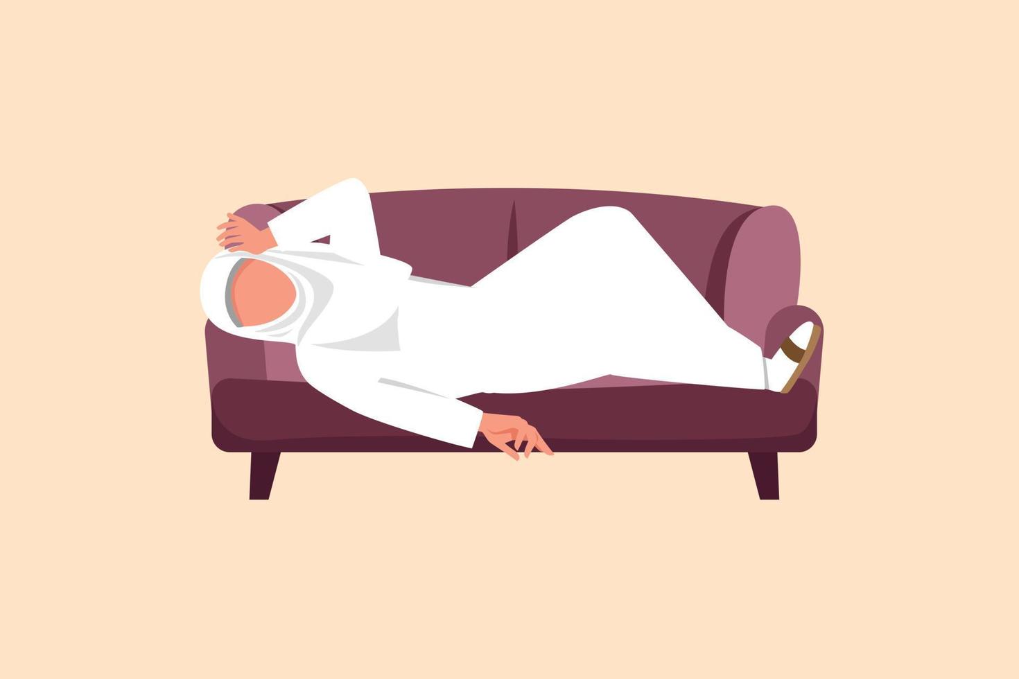 Business flat drawing depressed Arabian businesswoman tired and resting on sofa. Frustrated worker holding head lying on sofa. Stressed, unhappy, anxiety on failure. Cartoon design vector illustration