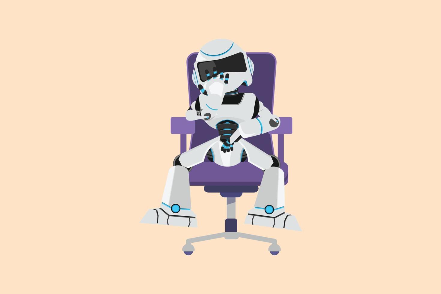 Business design drawing depressed robot sitting at chair, feeling stressed, alone. Feel frustrated. Future robot technology development. Artificial intelligence. Flat cartoon style vector illustration