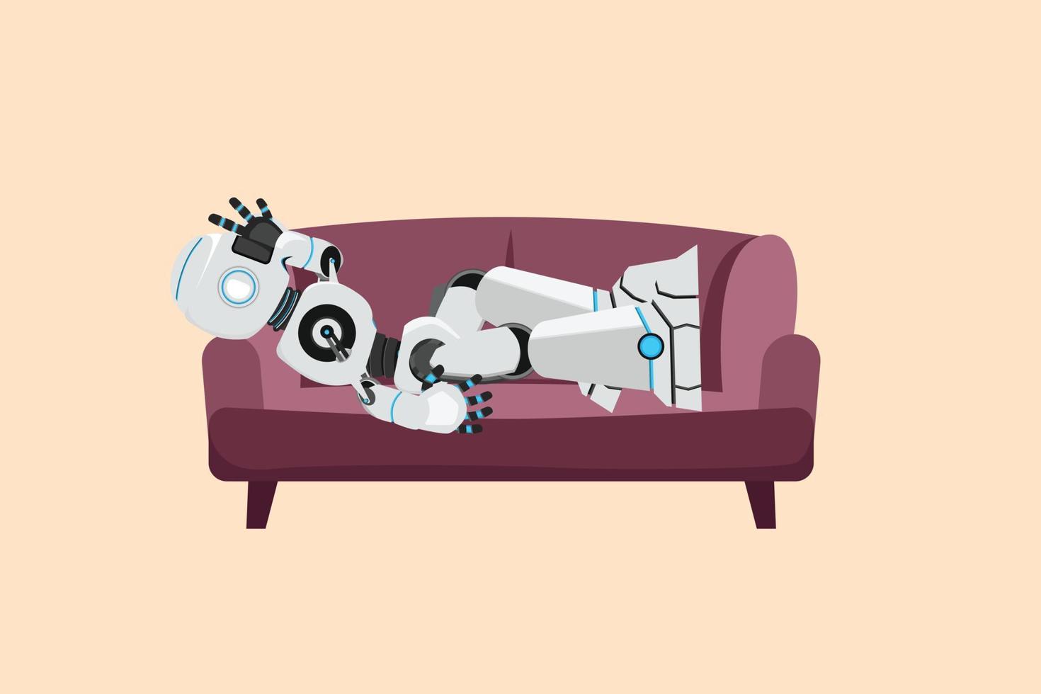 Business design drawing depressed robot tired rest on sofa. Frustrated worker holding head lying on sofa. Future technology development. Artificial intelligence. Flat cartoon style vector illustration