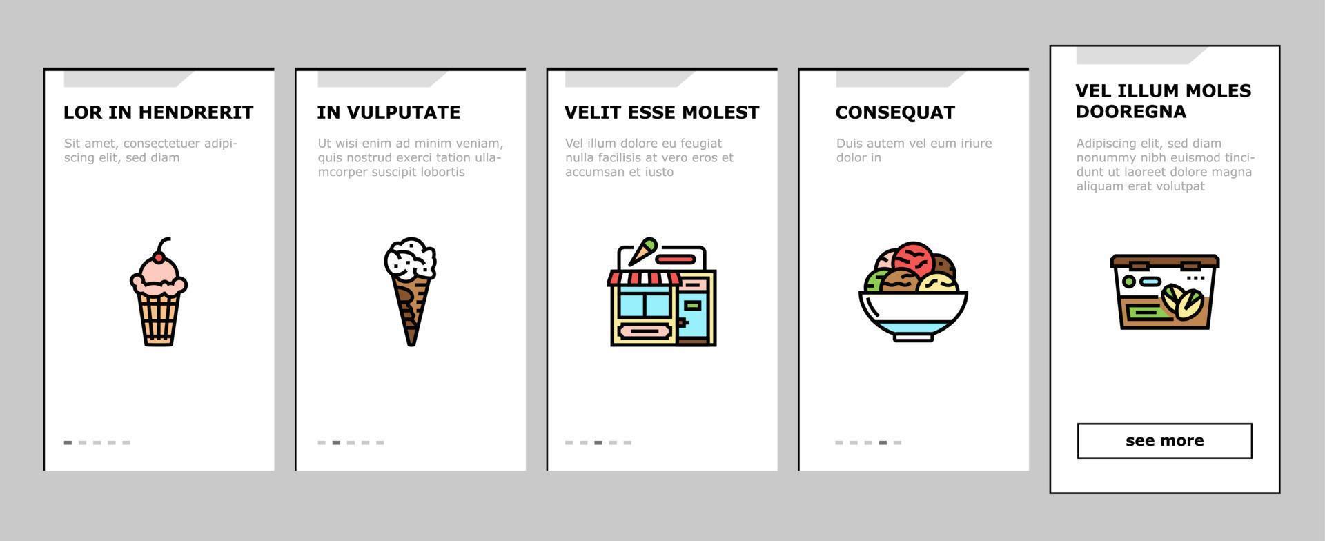 Ice Cream Delicious Dessert Food Onboarding Icons Set Vector