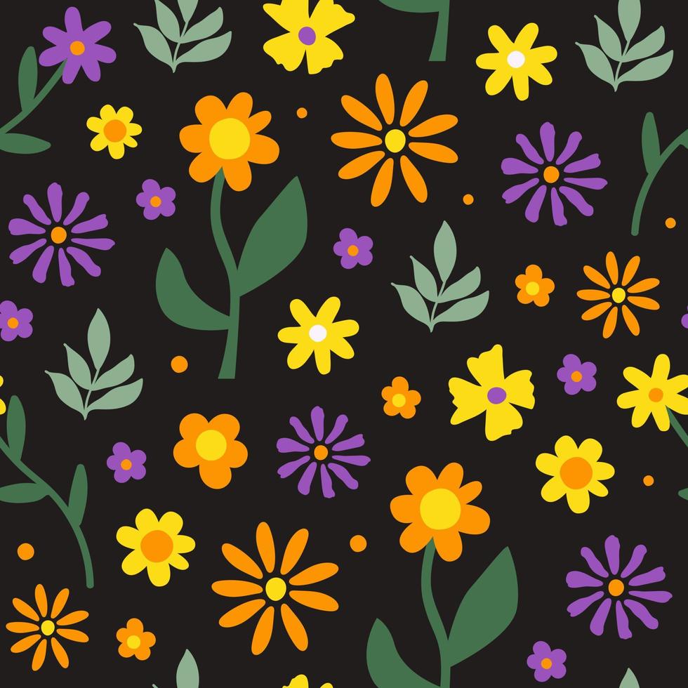 patrón botánico retro sin fisuras con flores vintage en estilo años 60, 70 sobre fondo negro. impresión de arte ingenuo. ilustración vectorial de moda vector