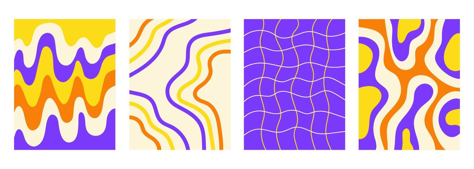 conjunto retro fondos verticales abstractos ondulados en estilo hippie 60s, 70s. colección de moda maravillosas plantillas distorsionadas a cuadros y ondas. colores amarillo, naranja y violeta. ilustración vectorial vector