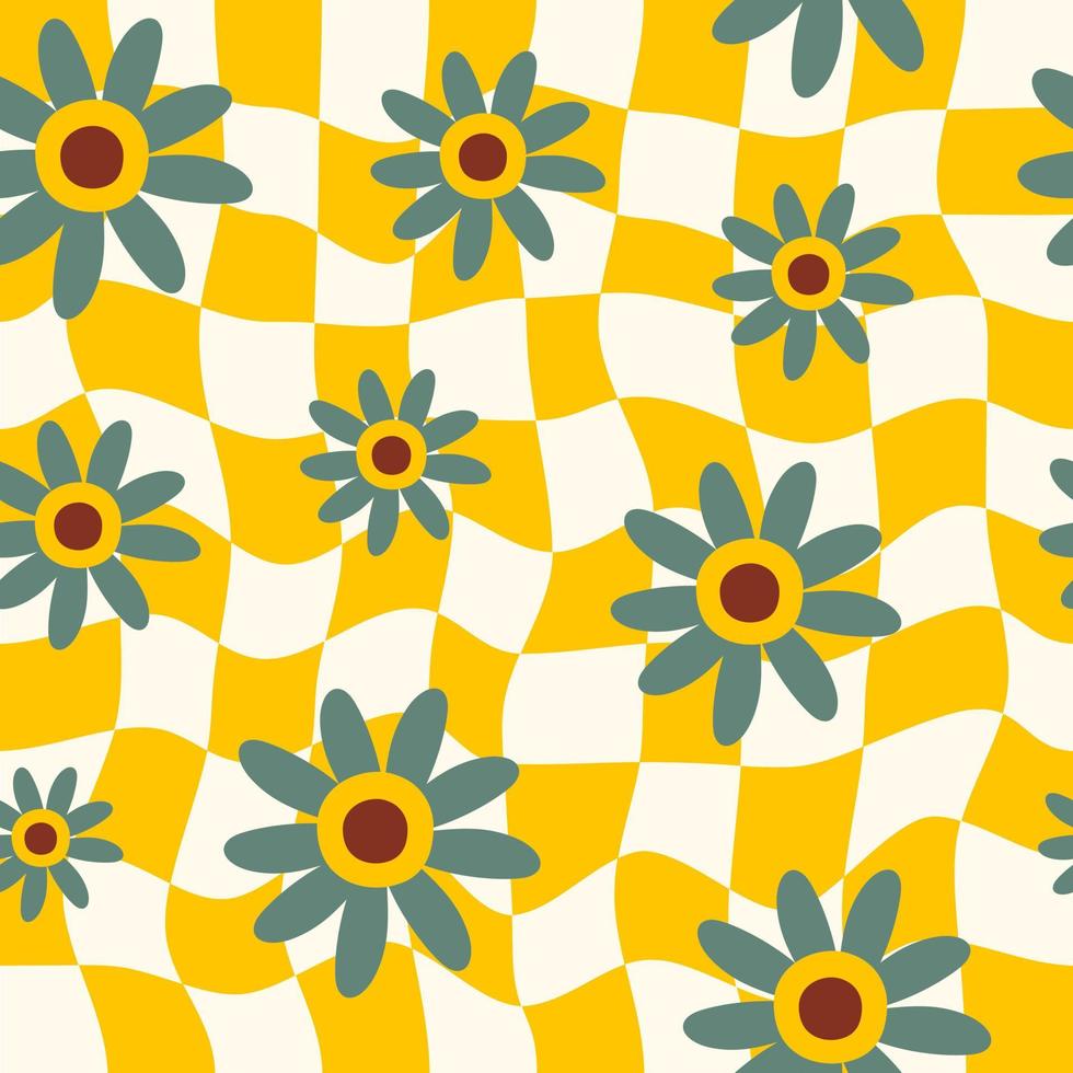 Abstract seamless pattern with vintage groovy flowers on checkered background. Retro vector background in style 60s, 70s