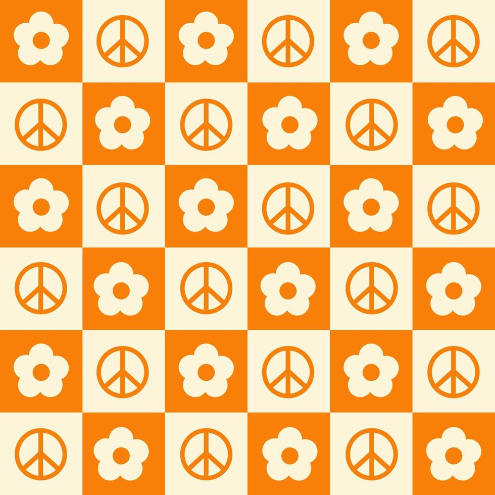 Checkerboard seamless pattern with geometric shaped flowers and peace symbols. Trendy vector background in retro style 60s, 70s.