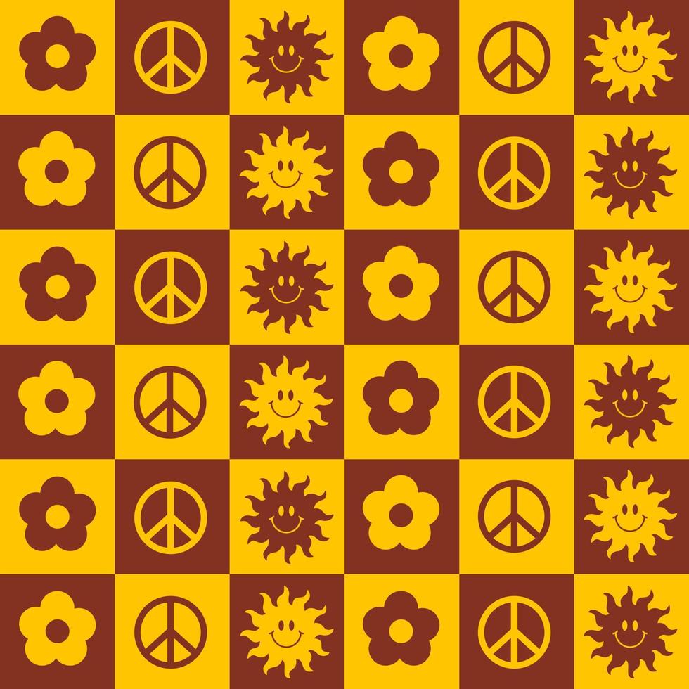 Retro square seamless pattern with hippie elements and symbols on checkerboard. Vector colorful illustration in style 70s, 80s. Yellow and brown colors