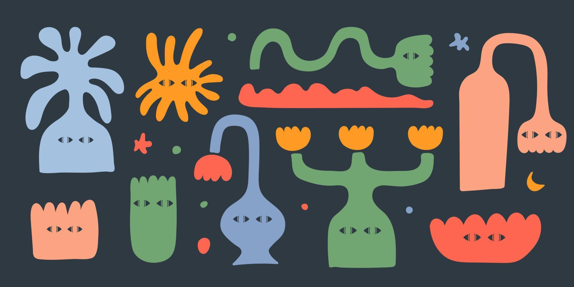 Abstract set with colorful various strange vases and flowers. Trendy hand drawn fictional characters isolated on a black background. Vector illustration