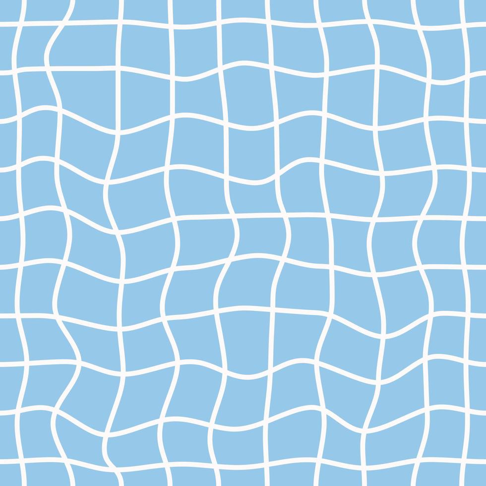 Minimalistic checkered seamless pattern with white wavy distorted grid on a blue background. Vector linear geometric background