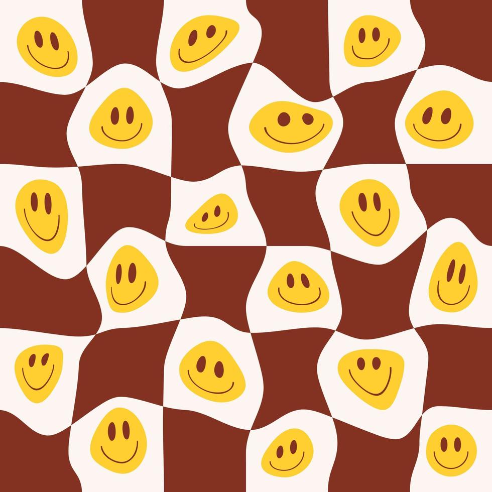 Retro seamless pattern with distorted checkered and smiling faces in style 70s, 80s. Trendy vector print for wrapping paper, textile, wallpaper